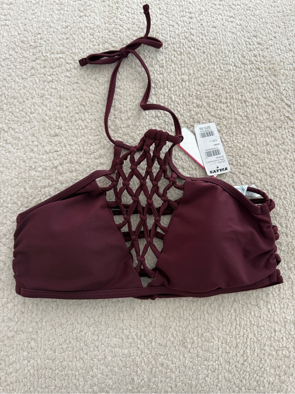 Tilly's Maroon Macramé High-Neck Bandeau Bikini Top L